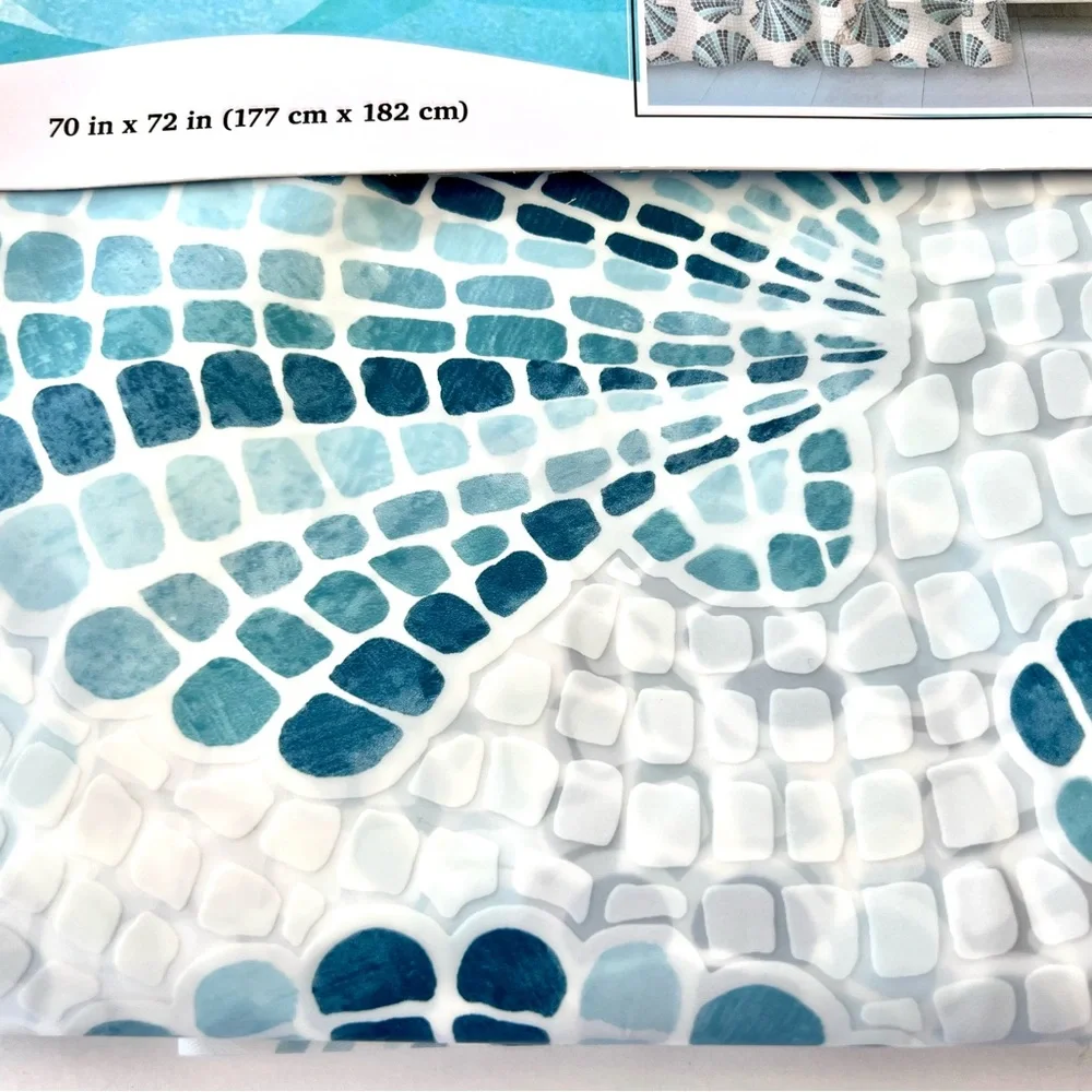 Blue Mosaic Tile Scallop Seashells Peva Shower Curtain Beach Nautical Coastal